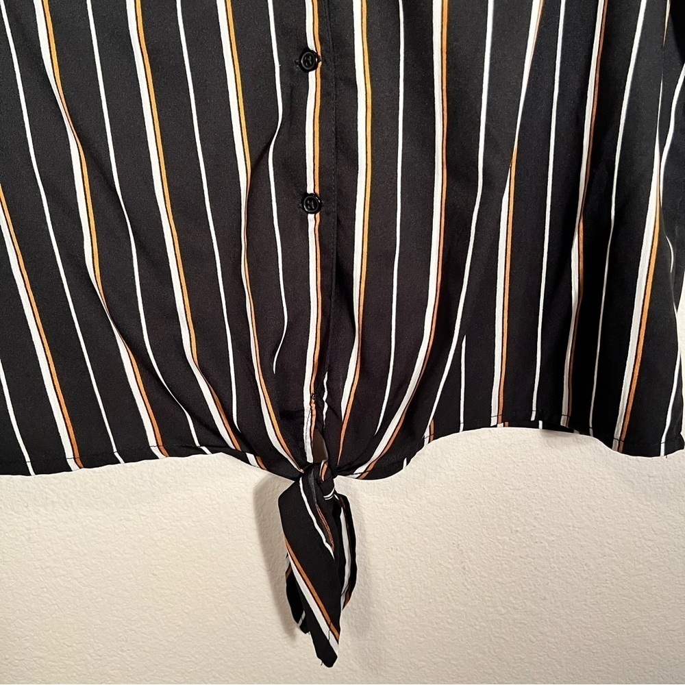 Japna Black White Tan Stripe Button Down Short Sleeve Blouse - Picture 6 of 9